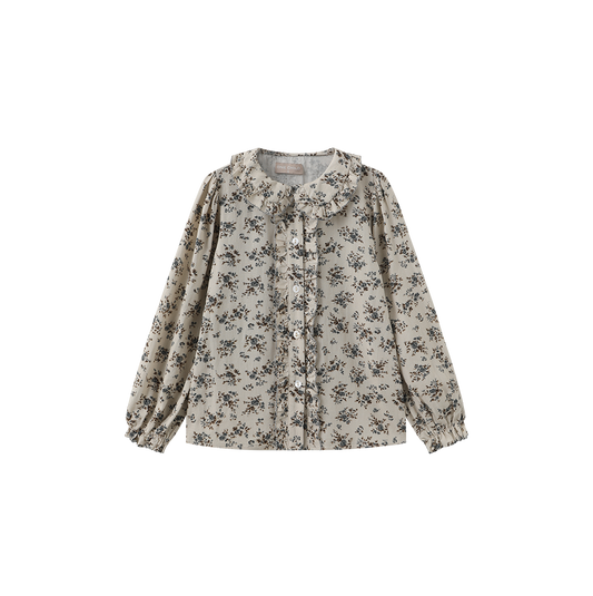 ONE CHILD BEIGE/BLUE FLORAL SCALLOP TRIM BLOUSE