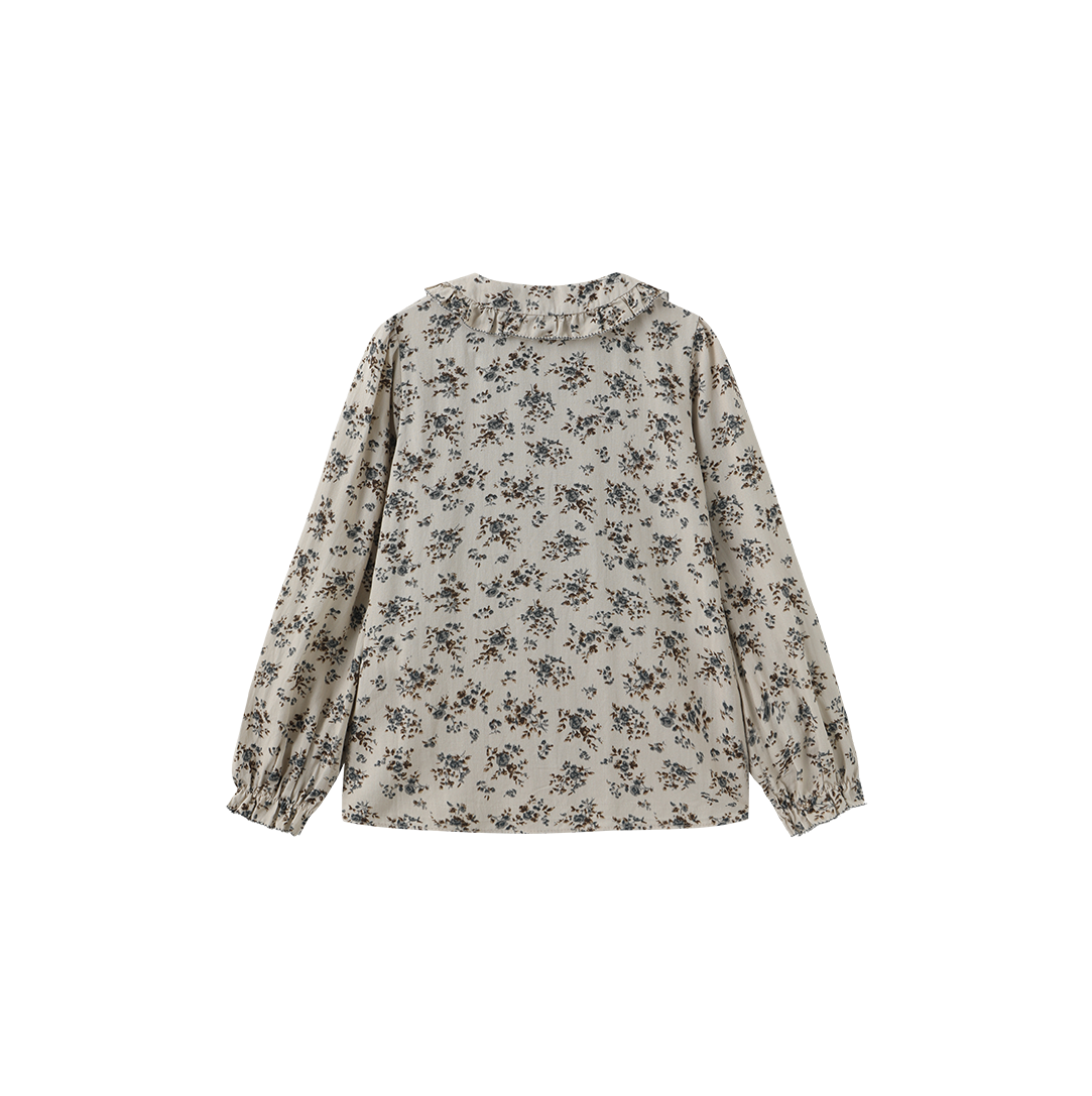 ONE CHILD BEIGE/BLUE FLORAL SCALLOP TRIM BLOUSE