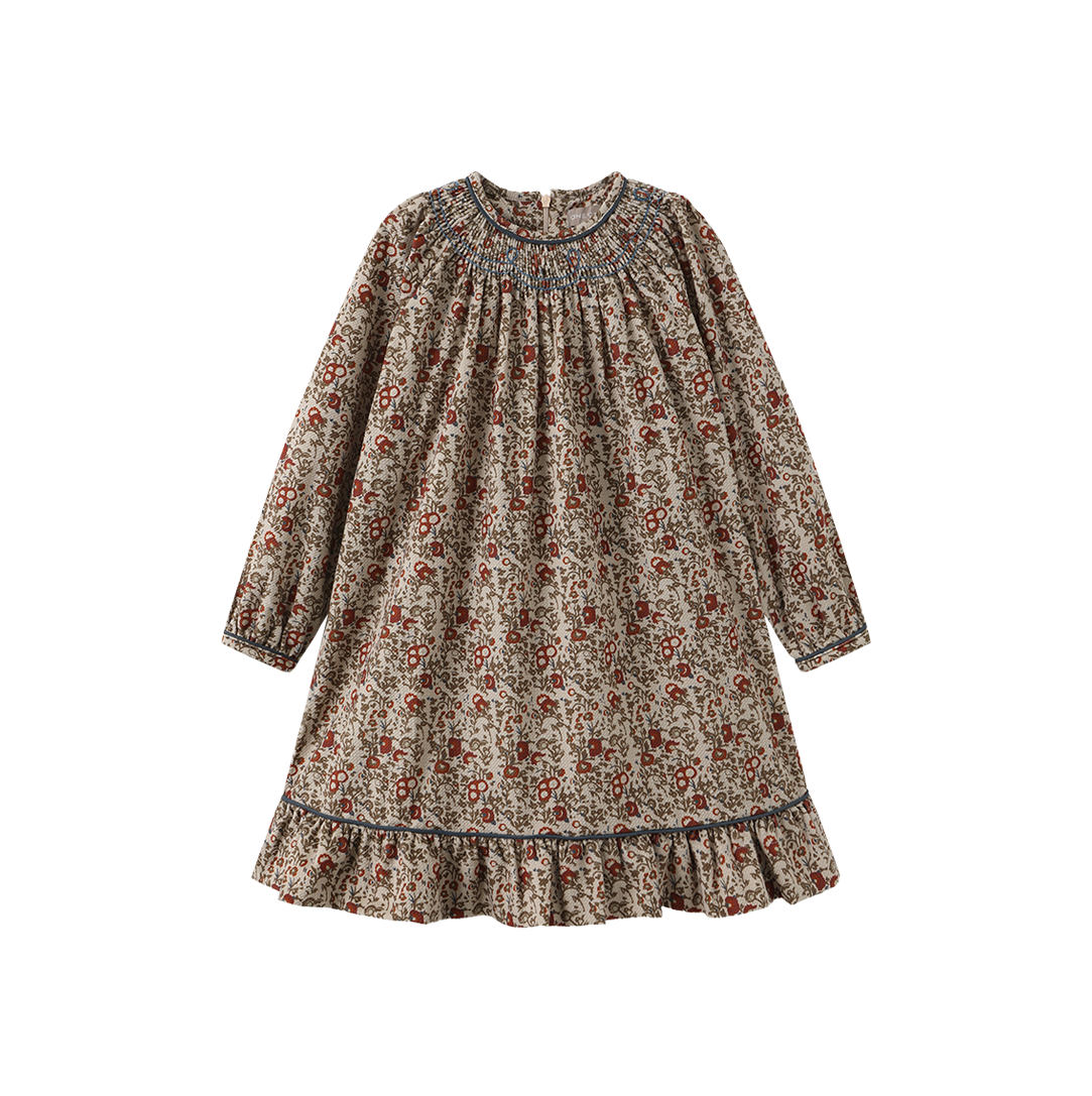 ONE CHILD OLIVE/RUST FLORAL PRINT SMOCK DRESS