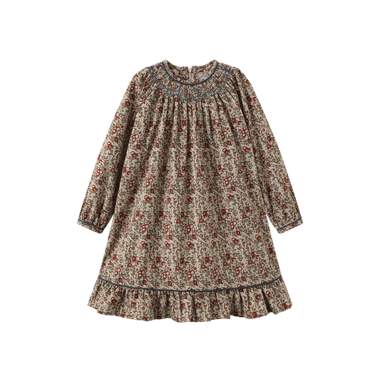 ONE CHILD OLIVE/RUST FLORAL PRINT SMOCK DRESS