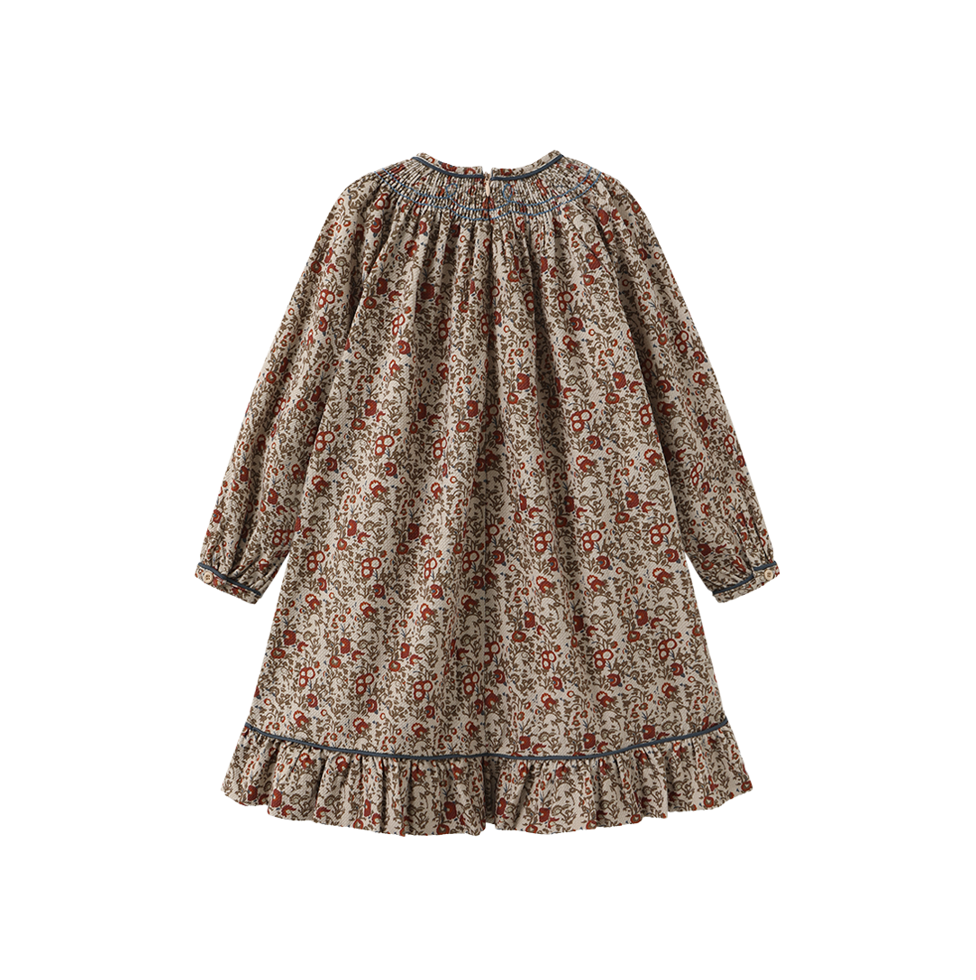 ONE CHILD OLIVE/RUST FLORAL PRINT SMOCK DRESS