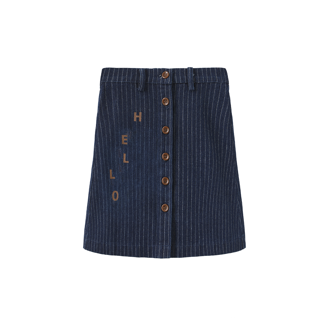 HELLO YELLOW NAVY PINSTRIPED DENIM SKIRT