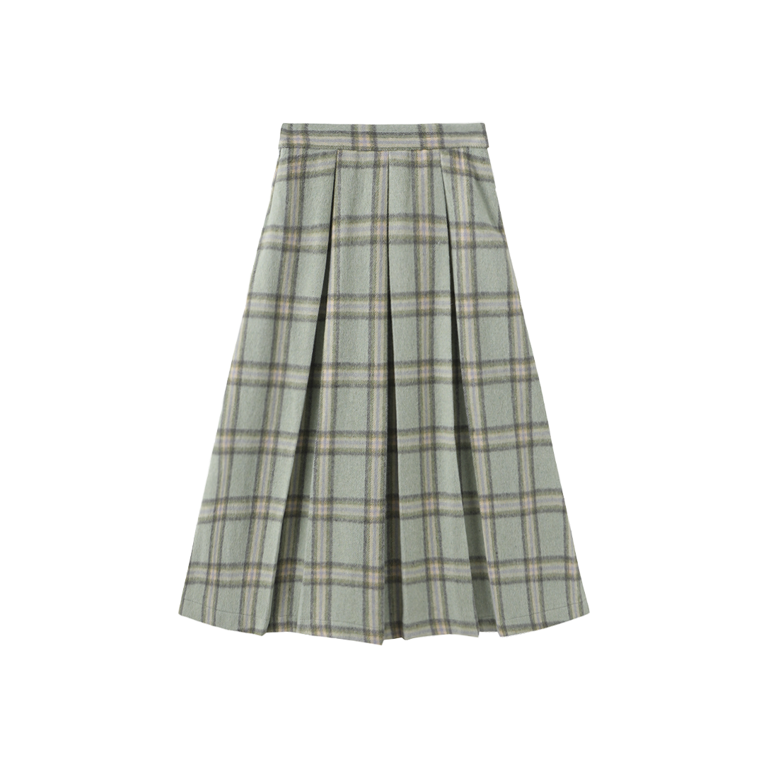 TUSTELLO MINT GREEN PLAID WOOL PLEAT SKIRT