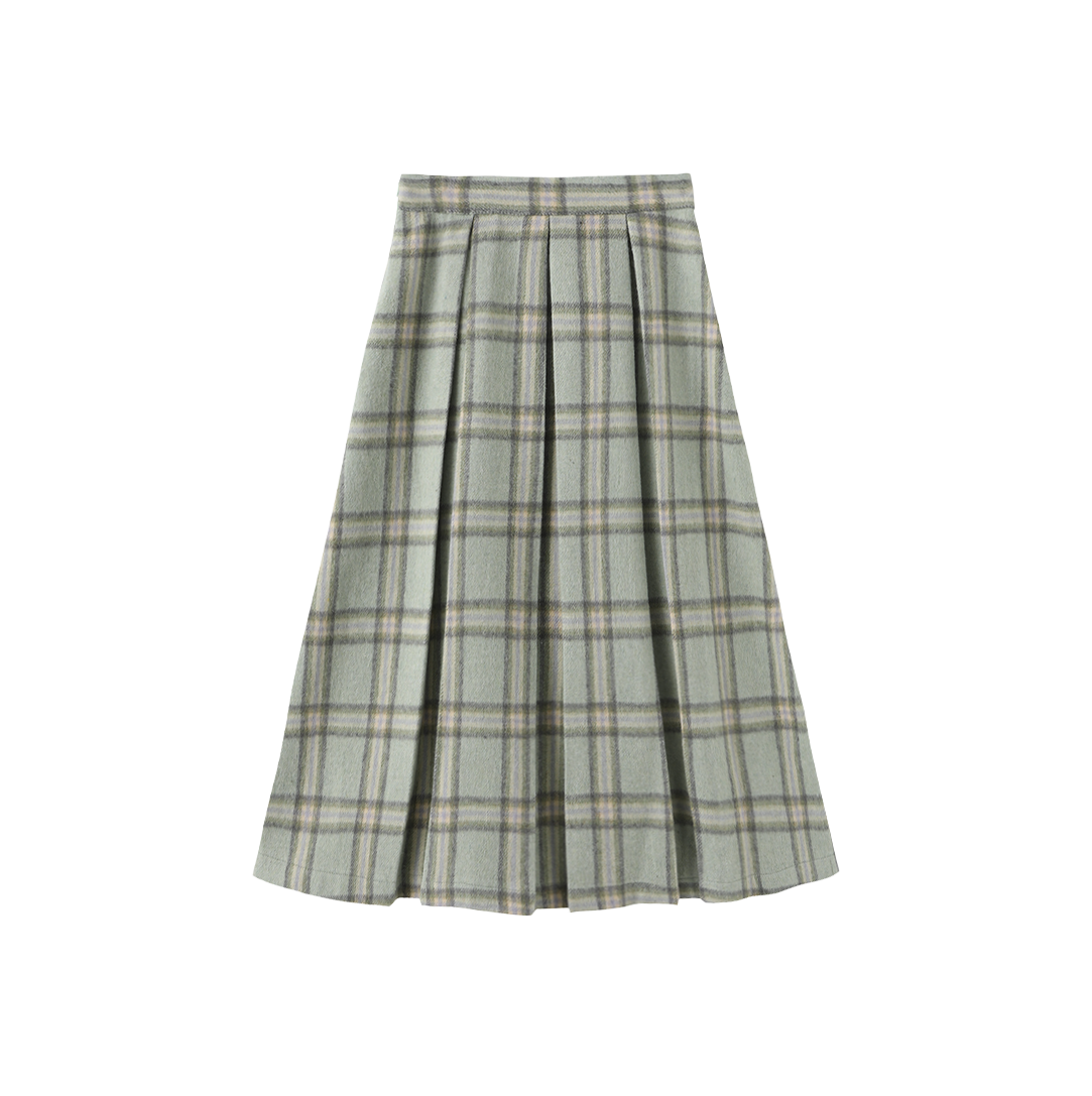 TUSTELLO MINT GREEN PLAID WOOL PLEAT SKIRT
