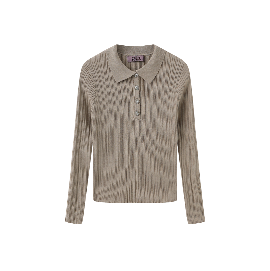 MALLORY AND MERLOT TAUPE RIB KNIT COLLAR SWEATER