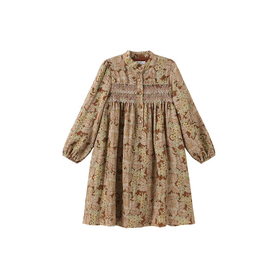 PAPILLON BROWN FLORAL BUTTON SMOCK DRESS