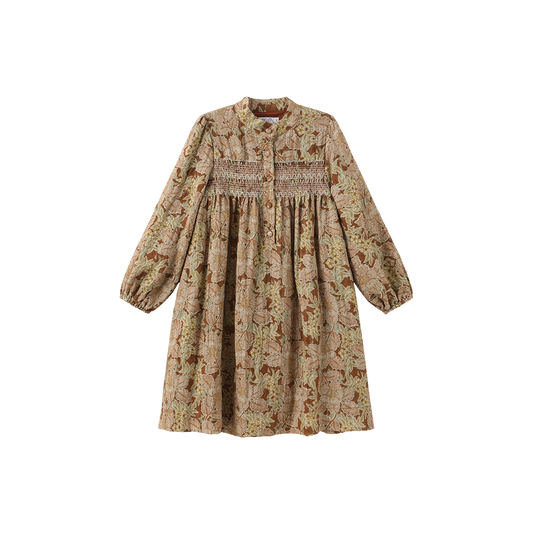 PAPILLON BROWN FLORAL BUTTON SMOCK DRESS