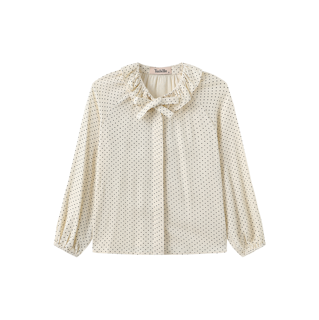 TUSTELLO CREAM DOTTED NECK TIE BLOUSE