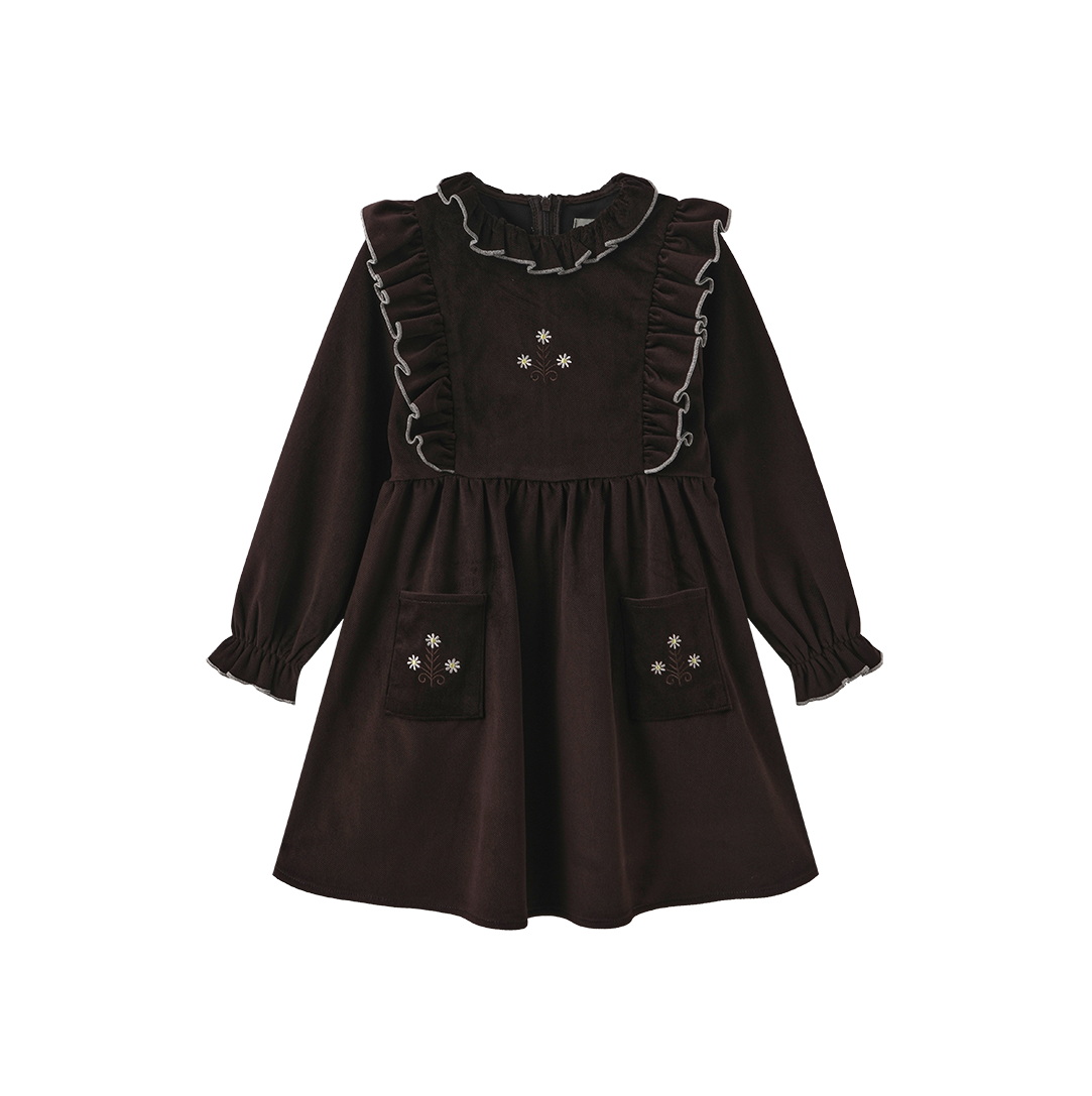 FRENCH HERITAGE BROWN RUFFLE TRIM DRESS