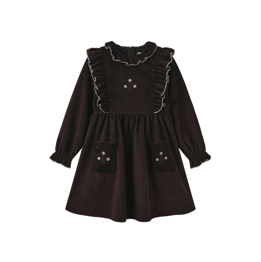 FRENCH HERITAGE BROWN RUFFLE TRIM DRESS