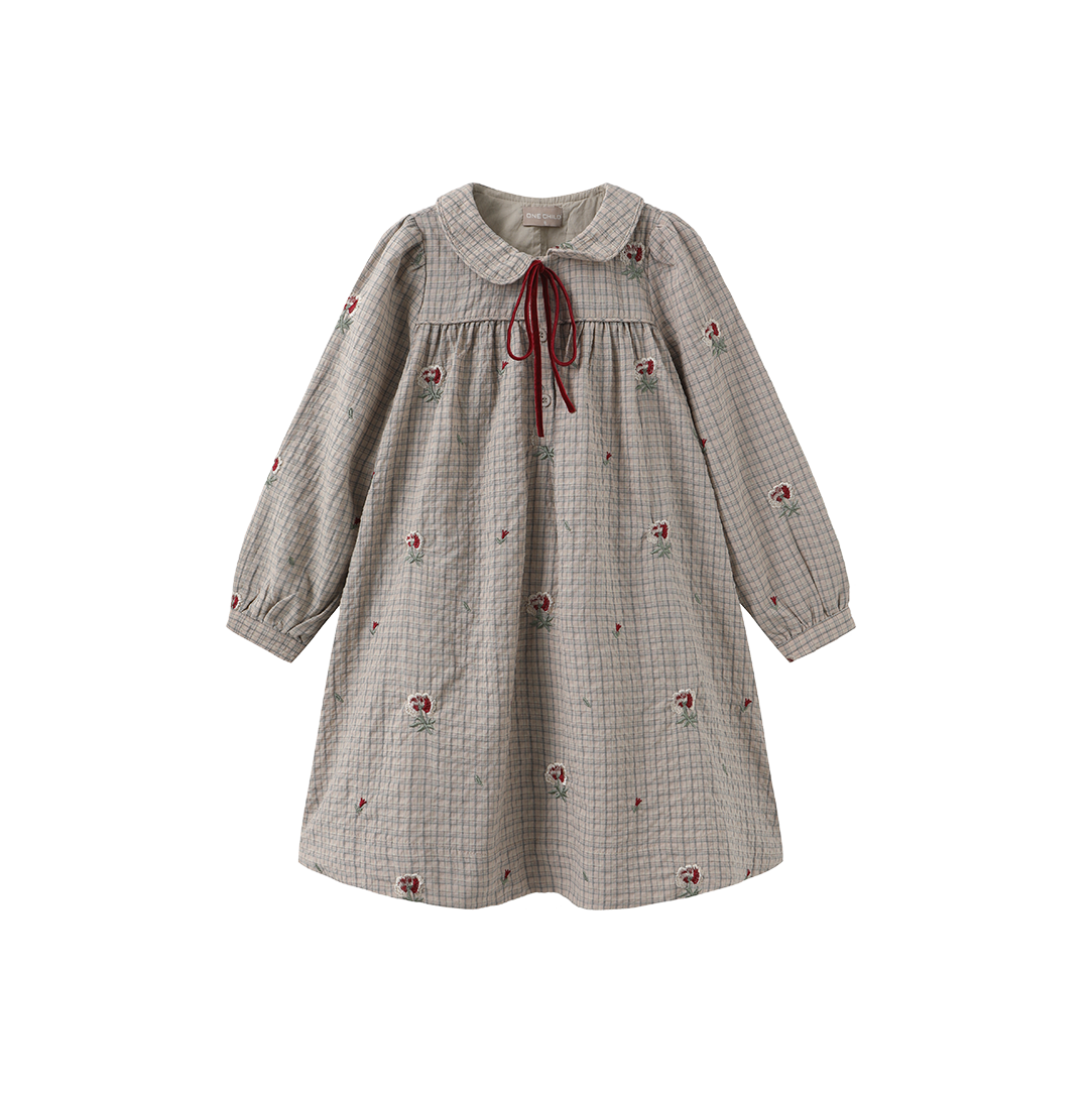 ONE CHILD TAUPE PLAID EMBROIDERED FLOWER DRESS