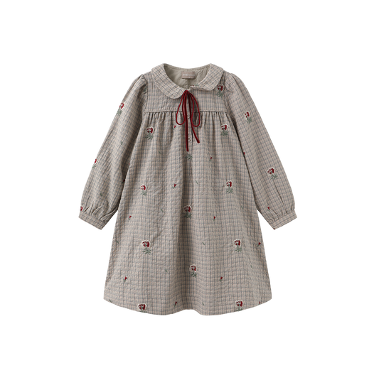 ONE CHILD TAUPE PLAID EMBROIDERED FLOWER DRESS