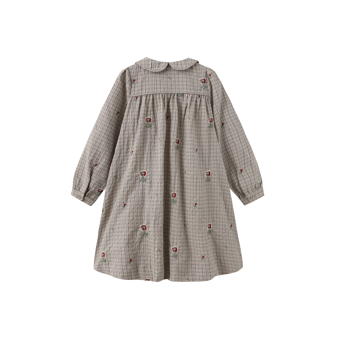 ONE CHILD TAUPE PLAID EMBROIDERED FLOWER DRESS