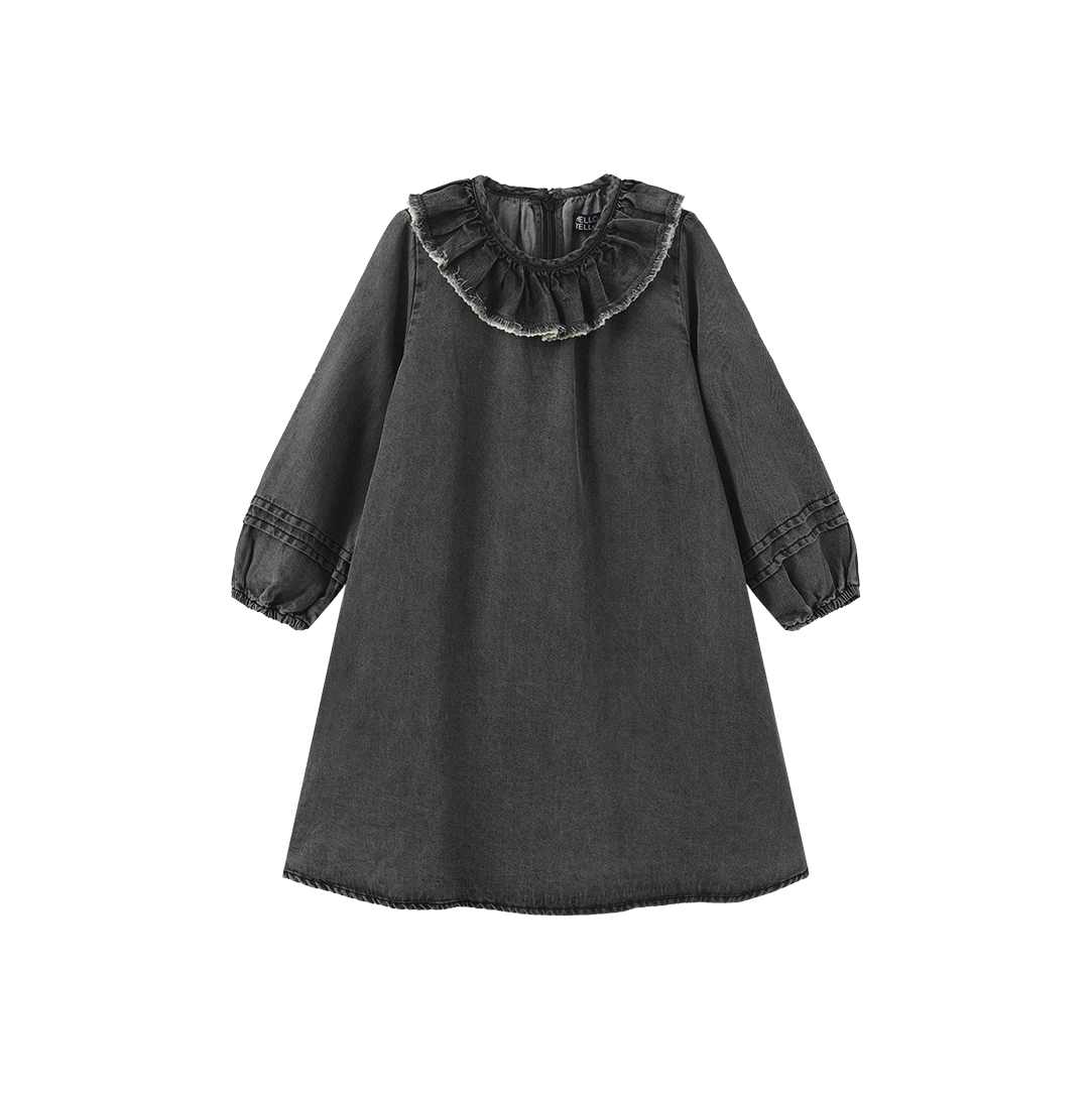 HELLO YELLOW MINERAL WASH DENIM RUFFLE COLLAR DRESS