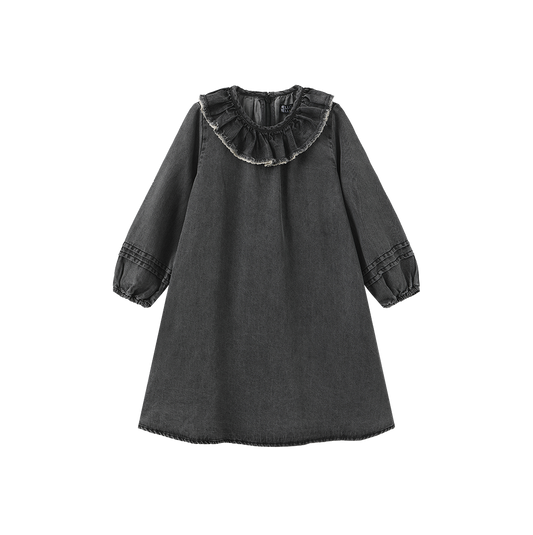 HELLO YELLOW MINERAL WASH DENIM RUFFLE COLLAR DRESS