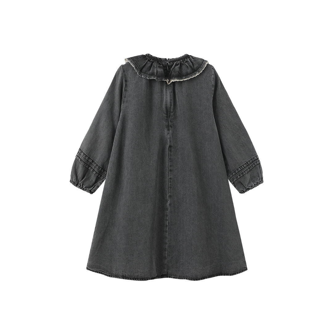 HELLO YELLOW MINERAL WASH DENIM RUFFLE COLLAR DRESS