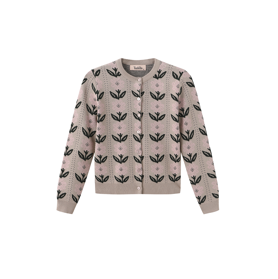 TUSTELLO DUSTY PINK KNIT LINEAR FLORAL CARDIGAN