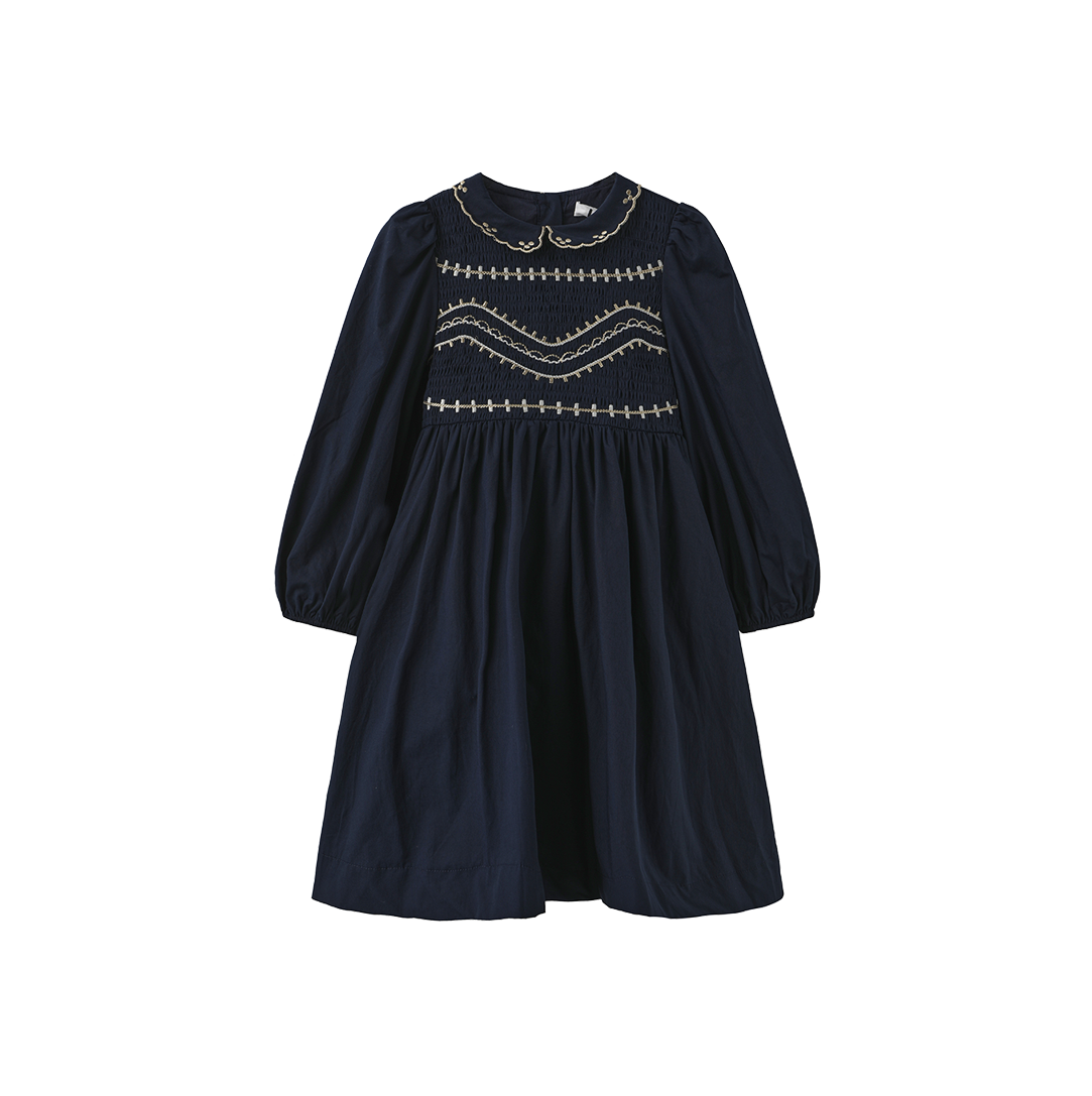 LILOU NAVY METALLIC EMBROIDERED SMOCK DRESS