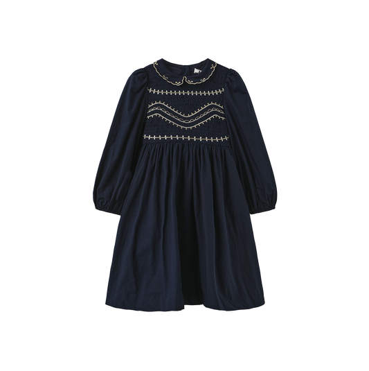 LILOU NAVY METALLIC EMBROIDERED SMOCK DRESS