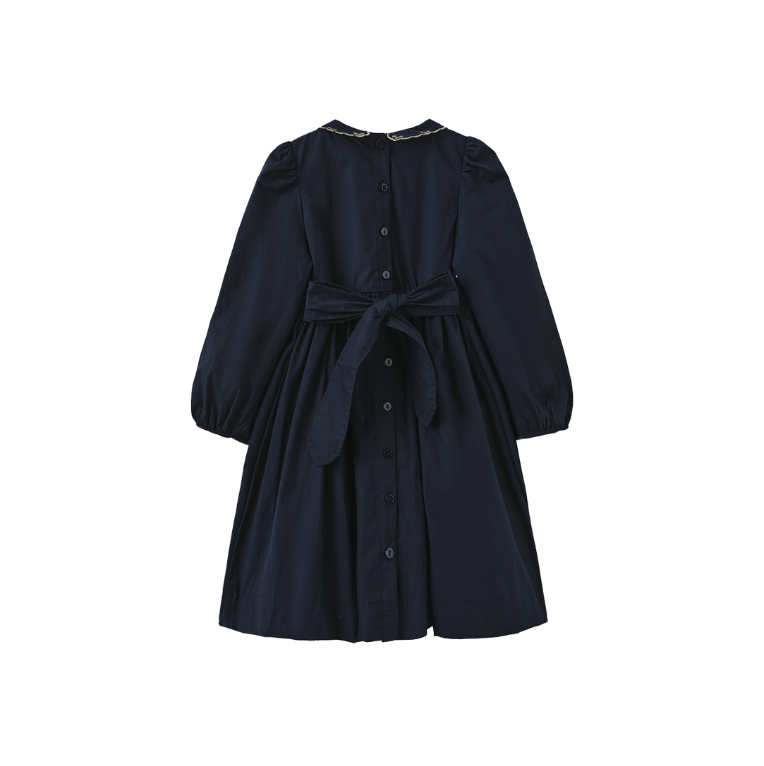 LILOU NAVY METALLIC EMBROIDERED SMOCK DRESS