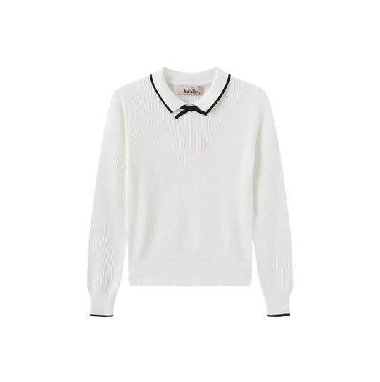 TUSTELLO IVORY RIBBED KNIT TRIM SWEATER