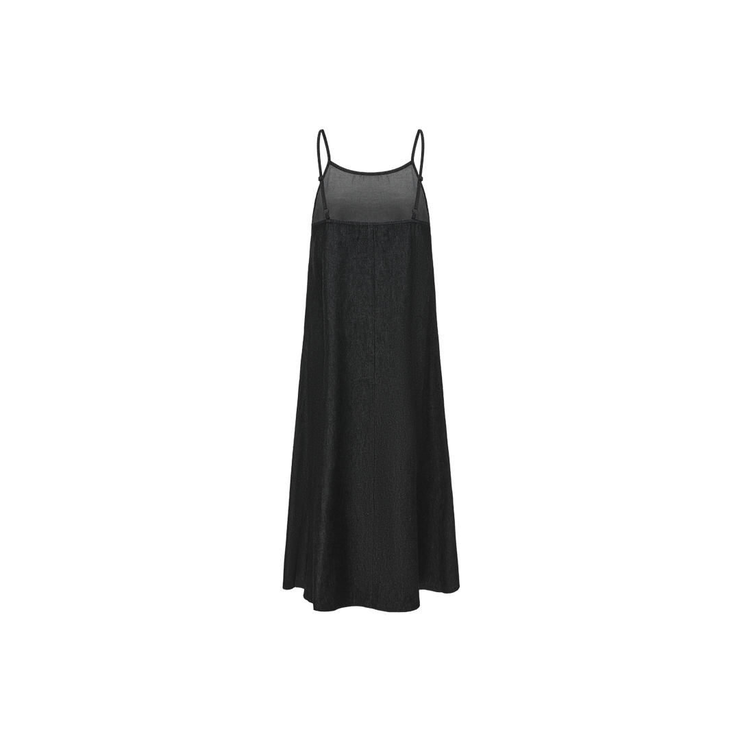 VIBE BLACK DENIM STRAP MIDI DRESS