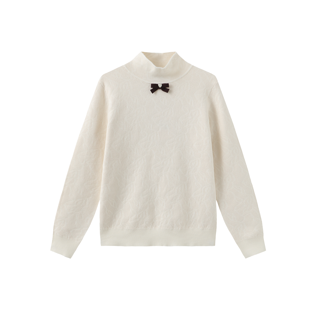 TUSTELLO CREAM/BURGUNDY KNIT BOW TURTLENECK