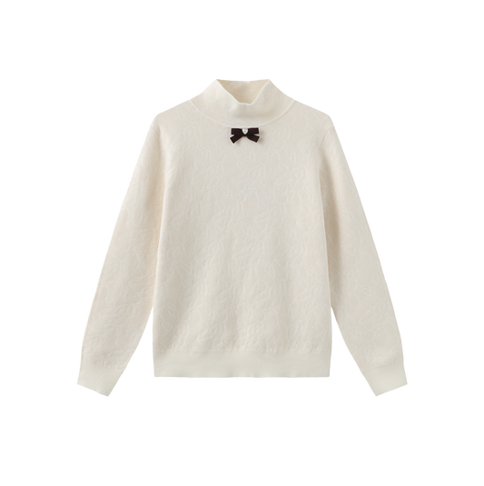 TUSTELLO CREAM/BURGUNDY KNIT BOW TURTLENECK