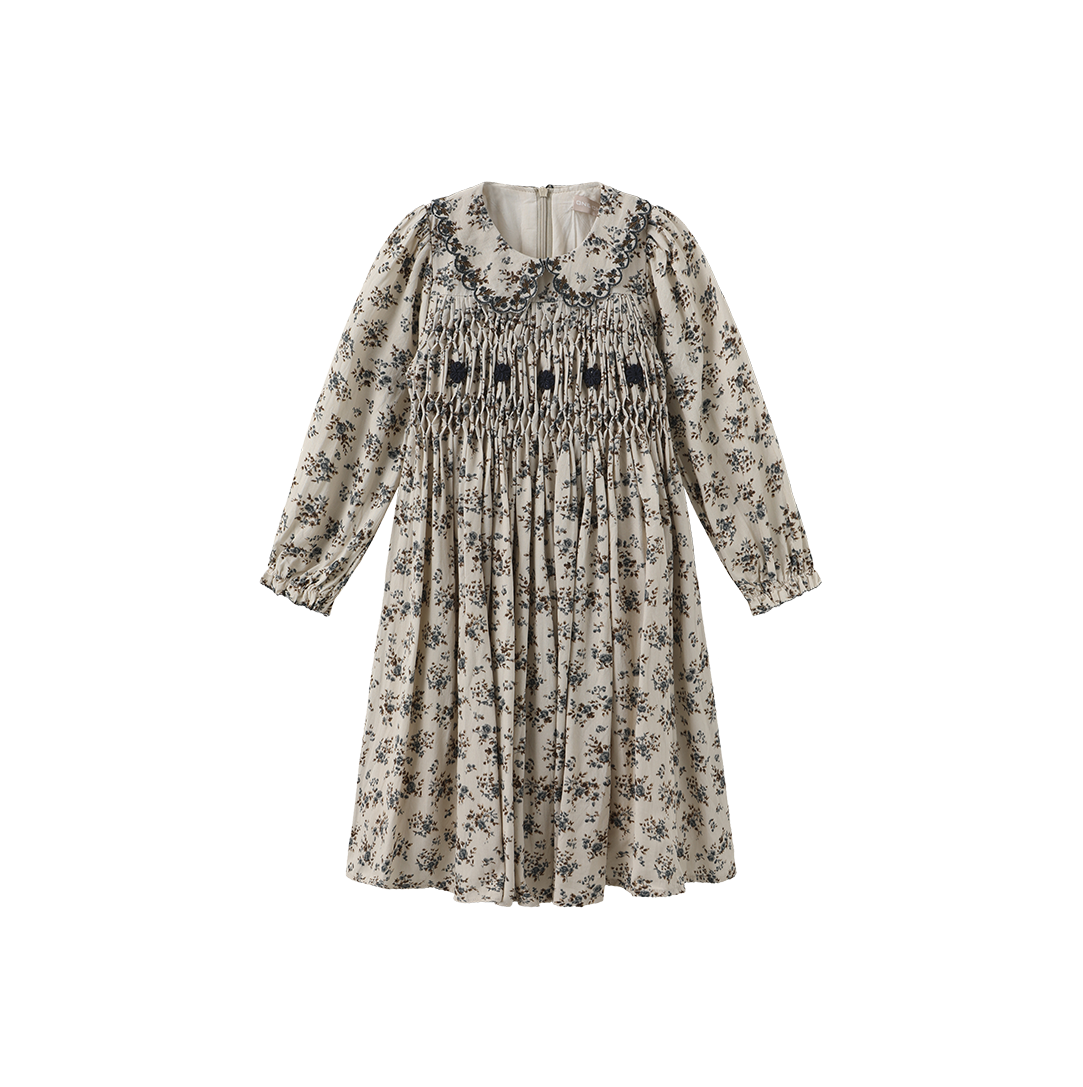ONE CHILD BEIGE/BLUE FLORAL SCALLOP TRIM DRESS