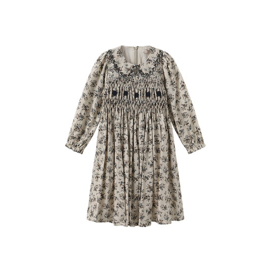 ONE CHILD BEIGE/BLUE FLORAL SCALLOP TRIM DRESS