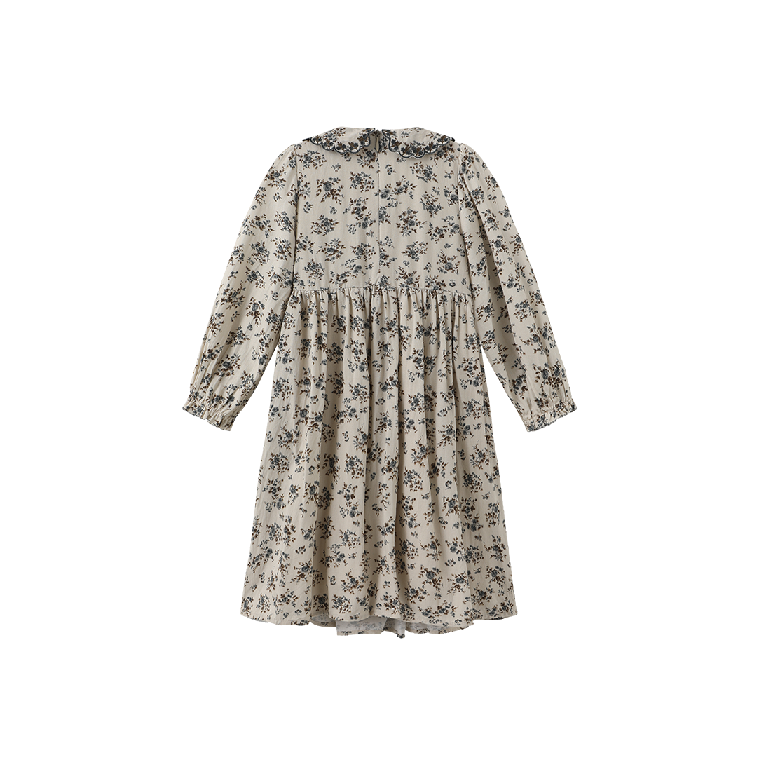 ONE CHILD BEIGE/BLUE FLORAL SCALLOP TRIM DRESS