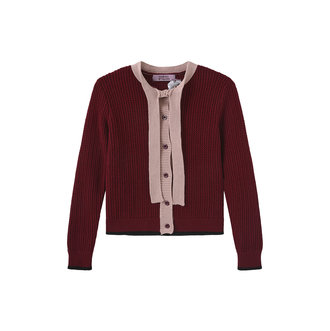 MALLORY AND MERLOT BURGUNDY RIBBED BOW CARDIGAN