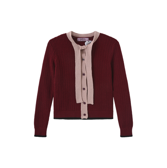 MALLORY AND MERLOT BURGUNDY RIBBED BOW CARDIGAN