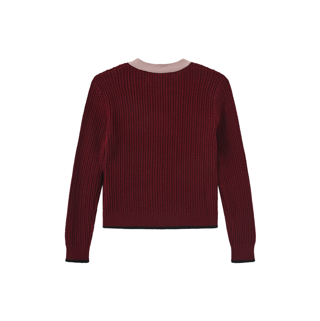 MALLORY AND MERLOT BURGUNDY RIBBED BOW CARDIGAN
