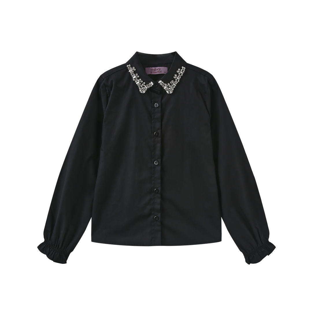 MALLORY AND MERLOT BLACK BEADED COLLAR TRIM BLOUSE