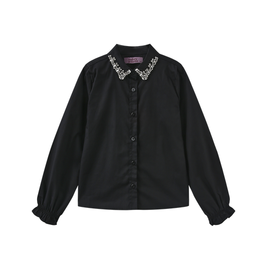 MALLORY AND MERLOT BLACK BEADED COLLAR TRIM BLOUSE
