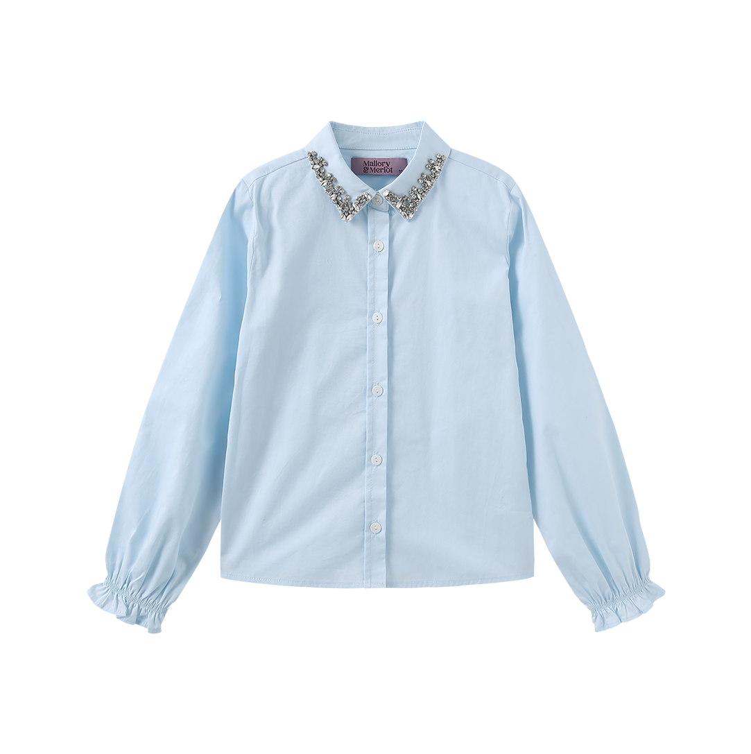 MALLORY AND MERLOT LIGHT BLUE BEADED COLLAR TRIM BLOUSE