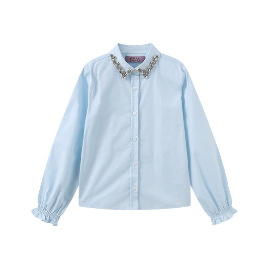 MALLORY AND MERLOT LIGHT BLUE BEADED COLLAR TRIM BLOUSE