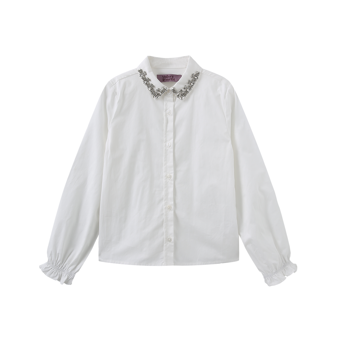 MALLORY AND MERLOT WHITE BEADED COLLAR TRIM BLOUSE