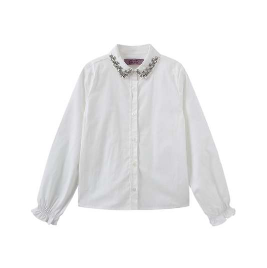 MALLORY AND MERLOT WHITE BEADED COLLAR TRIM BLOUSE
