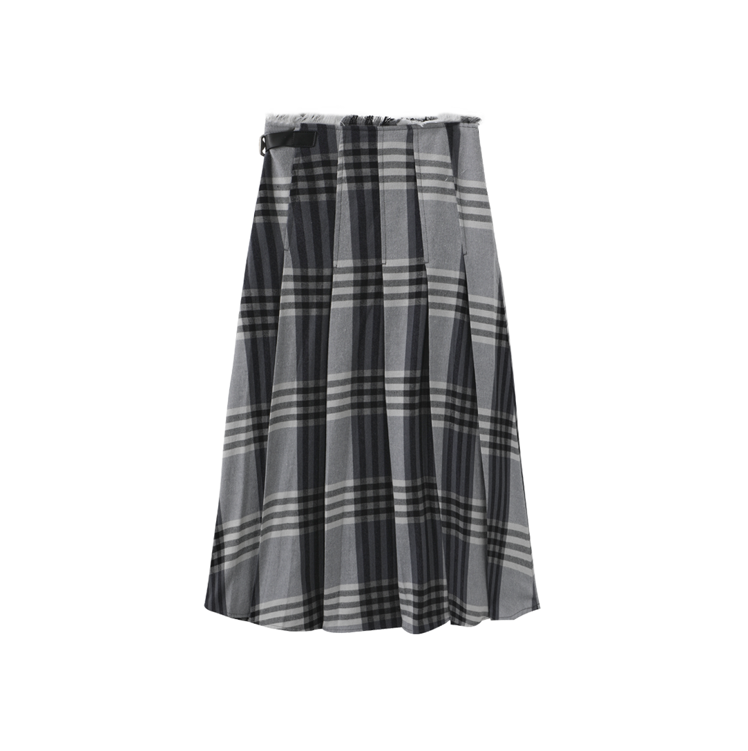MALLORY AND MERLOT GREY PLAID RAW EDGE BUCKLE SKIRT
