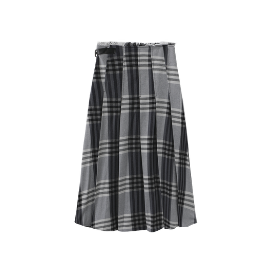 MALLORY AND MERLOT GREY PLAID RAW EDGE BUCKLE SKIRT