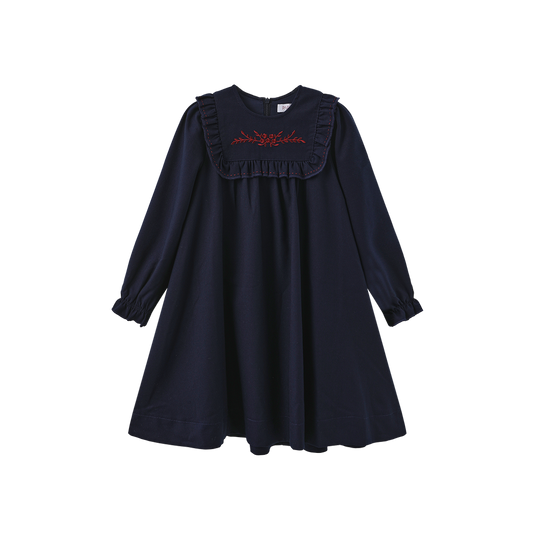 PAPILLON NAVY WOOL EMBROIDERED BIB DRESS