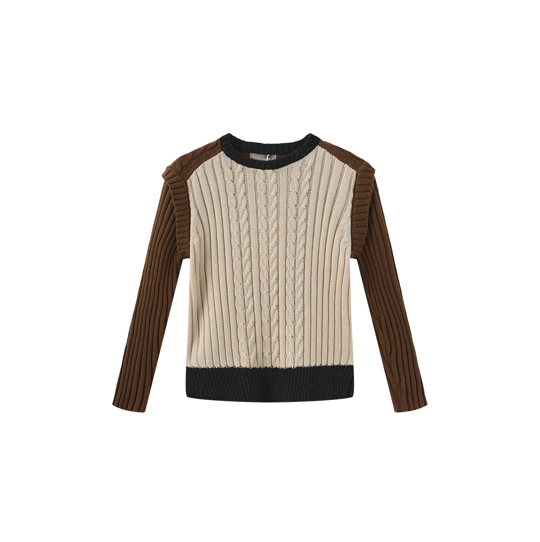 ONE CHILD CREAM COLOR BLOCK CABLE KNIT SWEATER