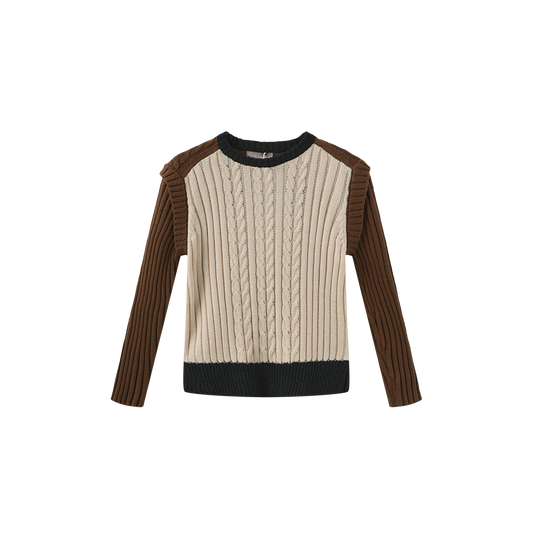 ONE CHILD CREAM COLOR BLOCK CABLE KNIT SWEATER