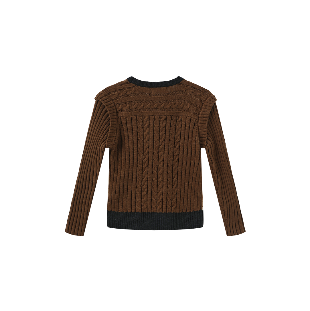 ONE CHILD CREAM COLOR BLOCK CABLE KNIT SWEATER