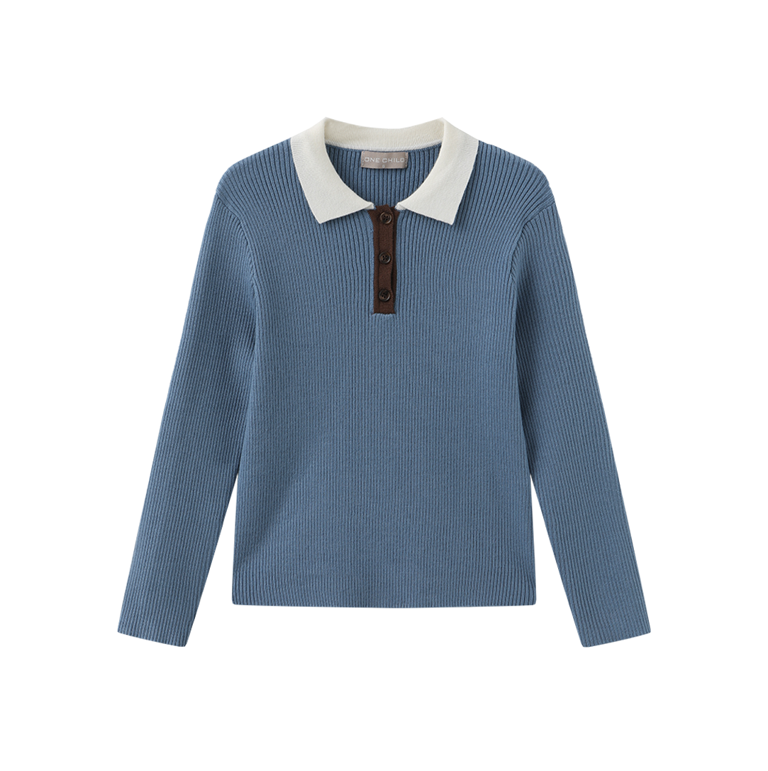 ONE CHILD BLUE KNIT RIBBED COLLAR SWEATER