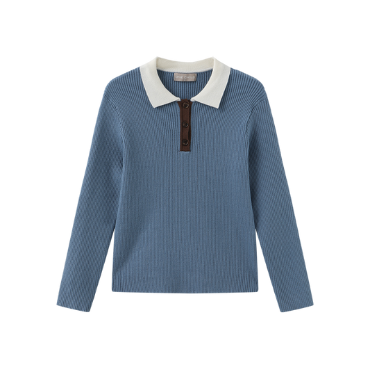 ONE CHILD BLUE KNIT RIBBED COLLAR SWEATER