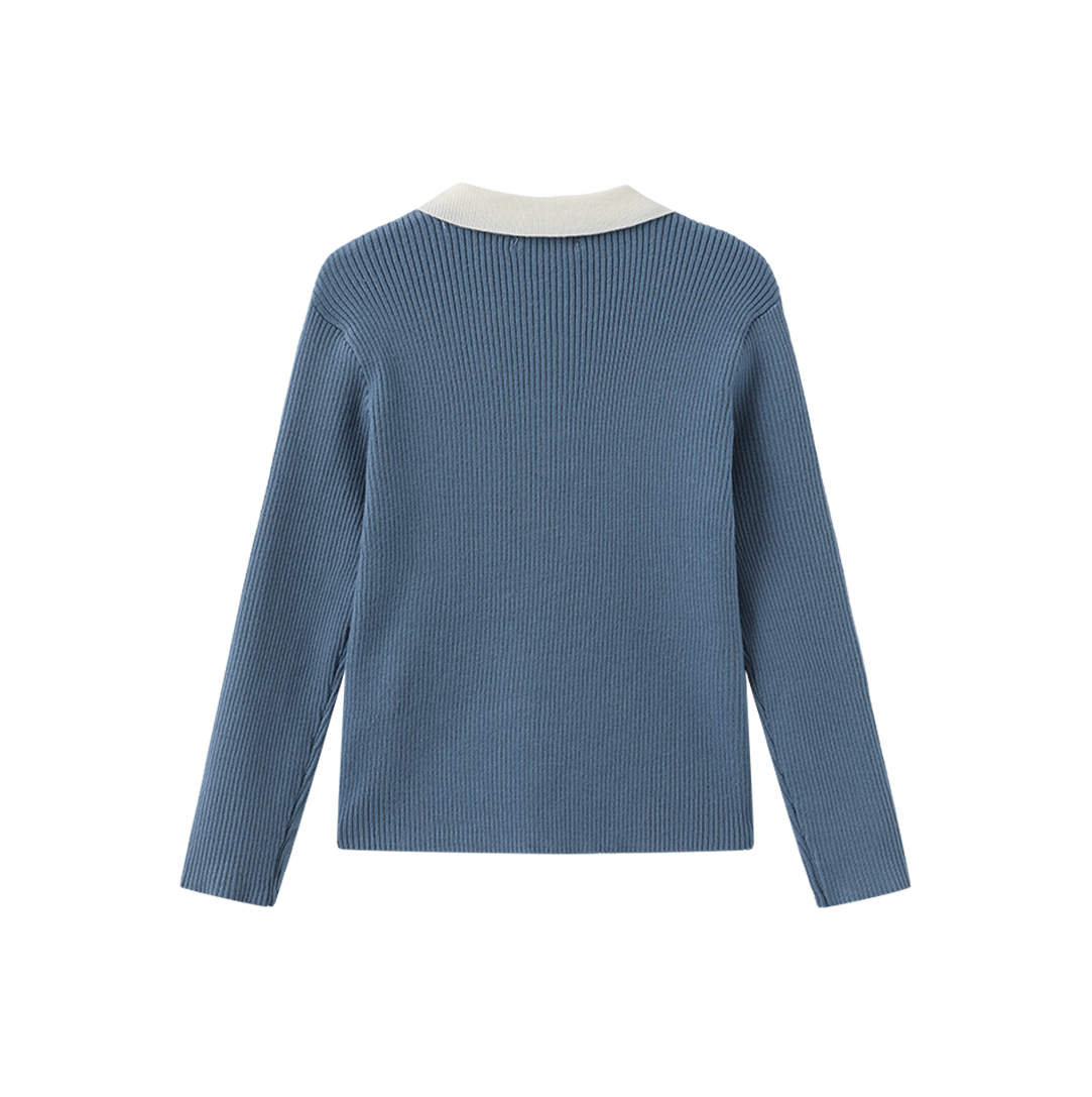 ONE CHILD BLUE KNIT RIBBED COLLAR SWEATER