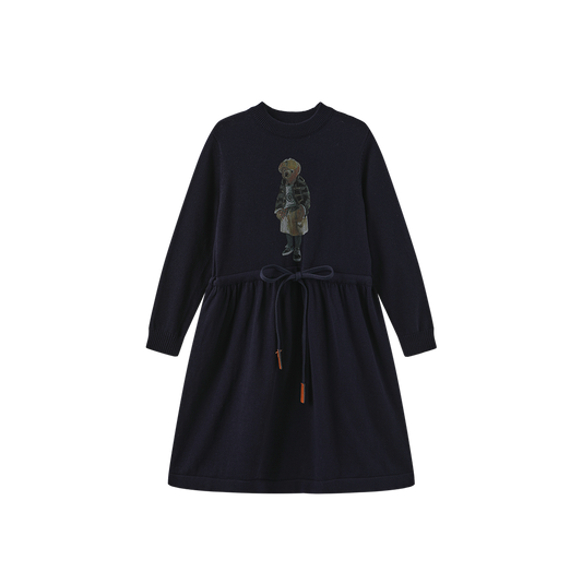 PHIL AND PHOEBE NAVY KNIT BEAR PATCH DRESS